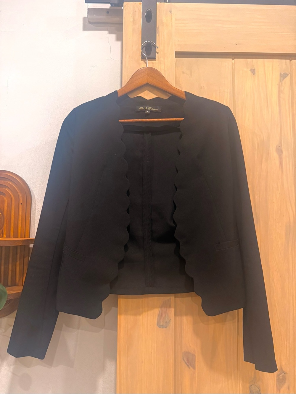Black Scalloped Open Front Blazer Jacket - Women